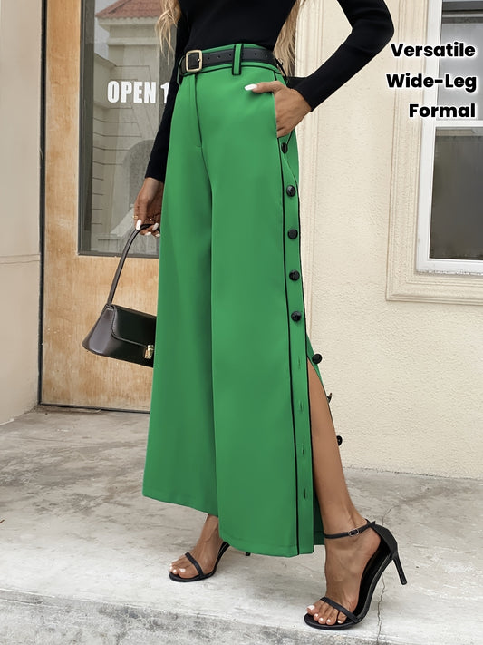 Pantalon Femme Taille Haute – Jambe Large, Bureau et Soirée, Sans Ceinture, Lavable en Machine, Décontracté et Formel, Détail Contrasté