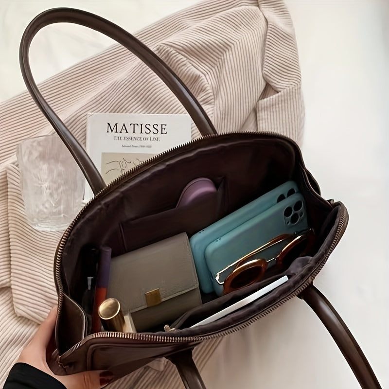 Sac épaule vintage pour femmes – style baguette français chic automne/hiver 2025, doublure polyester, fermeture zippée, marron foncé élégant avec ferrures dorées, polyvalent et sécurisé pour voyages