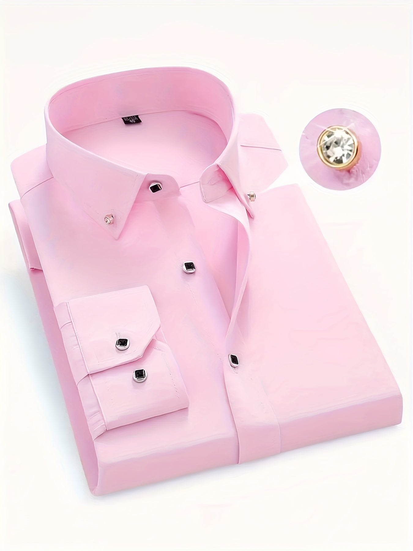 Spring and Autumn Long-Sleeve Shirt for Men, Stylish Business Casual Wrinkle-Resistant Dress Shirt with Diamond Buttons, Regular Fit Solid Color