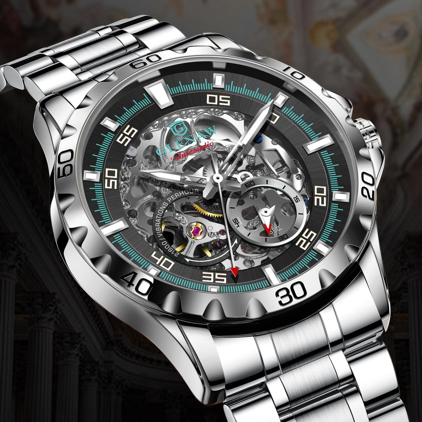 Men'S Automatic Watch with Flying Tourbillon Rotating Skeleton Mechanism - Stainless Steel Strap, Golden-Tone Dial, Mechanical Self-Winding Movement, Without Battery, Casual Style, Pointer Display