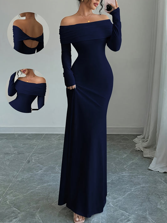 Robe Sirène Élégante Épaules Dénudées — Détail Torsadé et Double Couche, Manches Longues, Ourlet Haut-Bas, Couleur Unie, Parfaite pour Printemps, Été et Automne, Tenue Formelle pour Femmes Adultes, Soirées, Style Off-Shoulder Sophistiqué