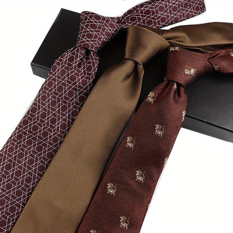 3pcs Set Cravates Hommes – Rayures Animales et Géométriques, Polyester, Cadeau Mariage & Bureau