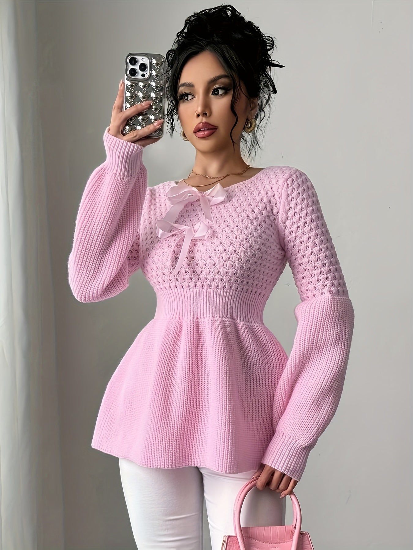 Pull élégant pour femmes – Bleu clair, manches longues, col rond, nœud décoratif, ourlet plissé, tissu stretch doux, automne/hiver, casual et formel