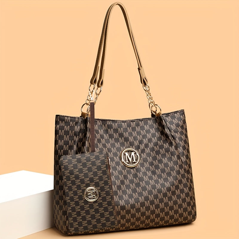 Set Sac Cabas et Portefeuille Femme– Sac à Main à Motif Lettre avec Logo Doré « M », Bandoulière Fixe, Idéal pour Déplacements Quotidiens, Travail, Rangement, Pochette à Rouge à Lèvres, Portefeuille, Sac de Shopping, Grande Capacité, Sac de Voyage