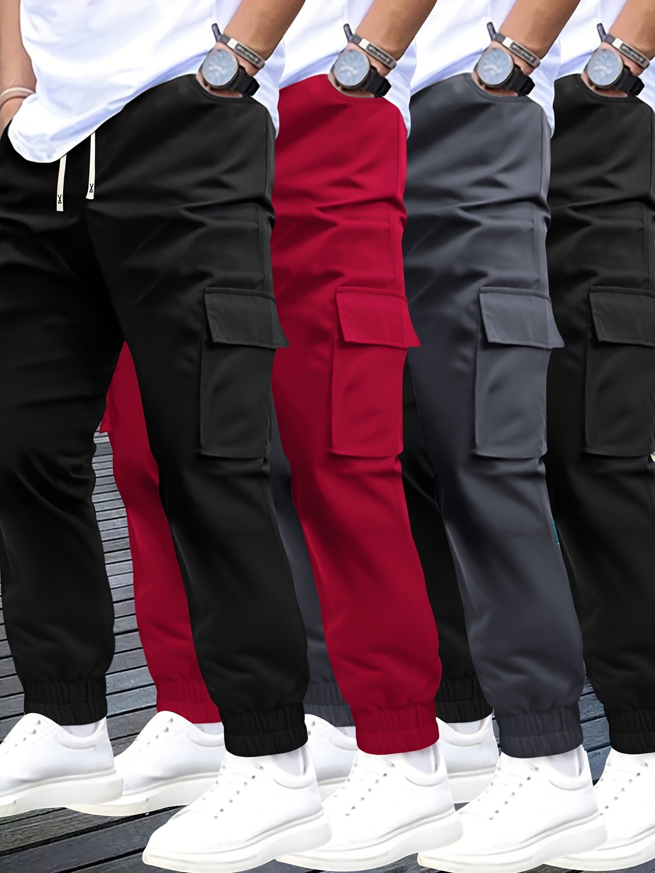 4pcs Pantalons Cargo Homme – Cordon Ajustable, Multipoches, Confort, Tout Saison