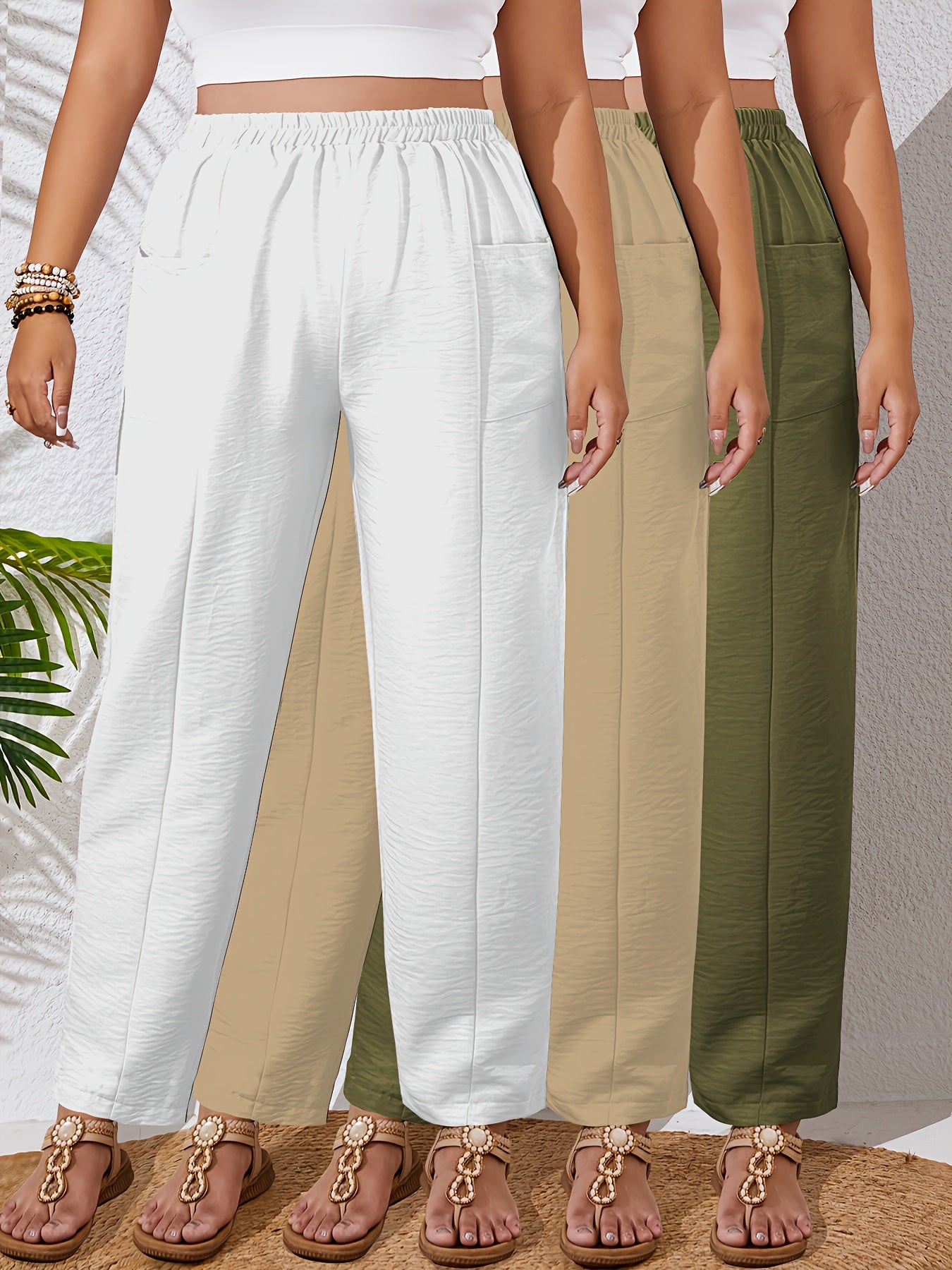 Lot de 3 Pantalons Femme Grande Taille – Taille Haute, Droits, Élastiques avec Poches, Couleur Unie, Tous Saisons