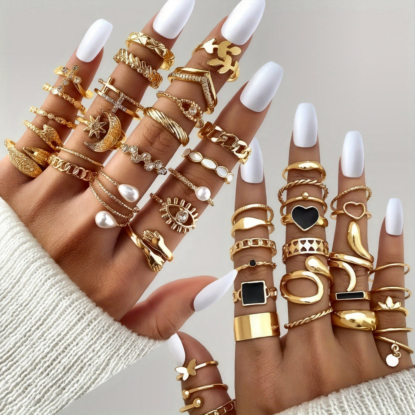 50pcs Fashionable Elegant Trendy Vacation Style Melange Color Women's Ring Set with Star, Moon, Square, and Heart Designs, Suitable for Daily Wear, Vacation, Party, Wedding, Festival, Date, and Layering, Perfect Gift for Fami