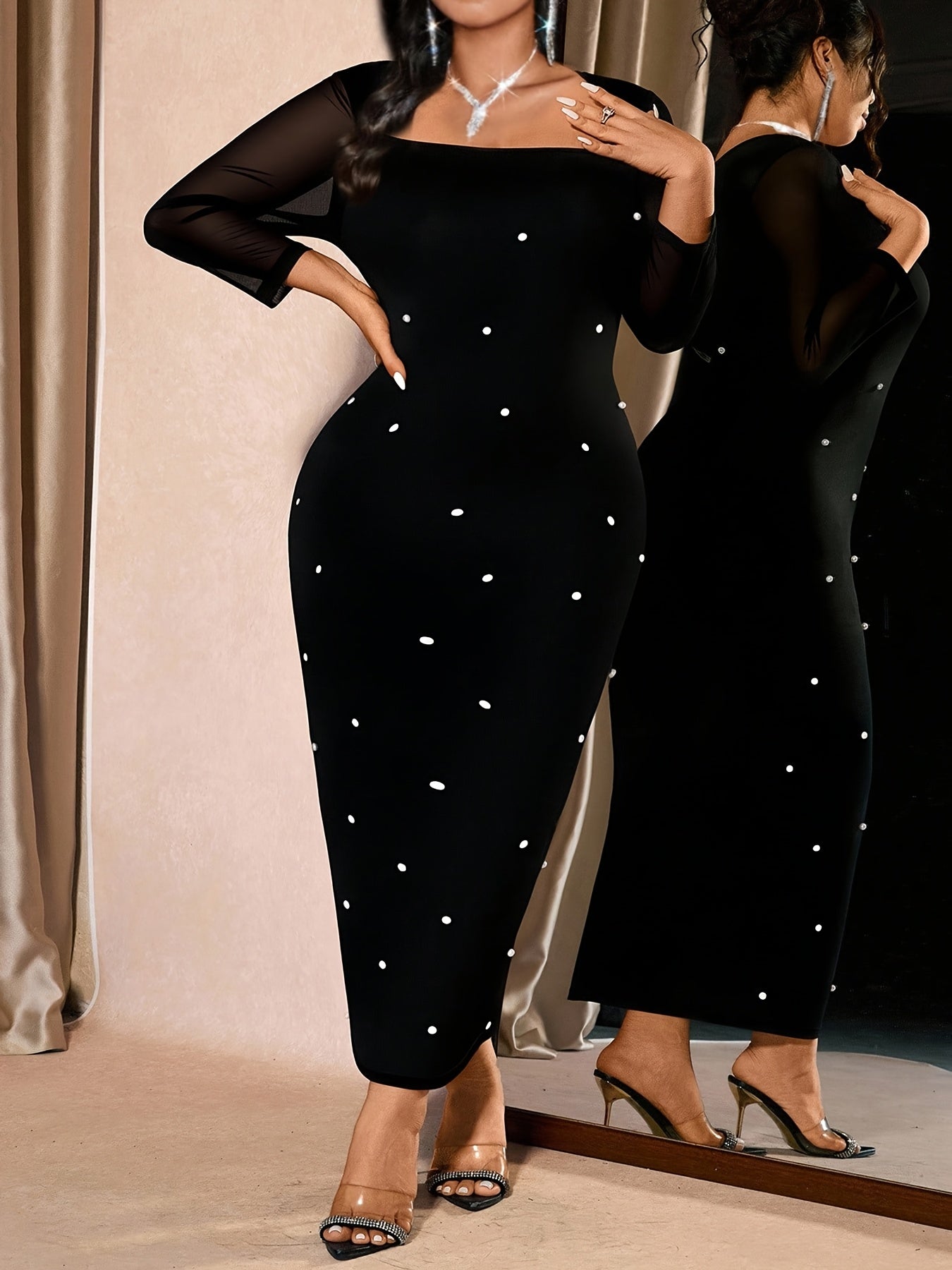 Plus Size - Plus-Size Women'S Elegant And Fashionable Long-Sleeve Dress with a Square Neckline And Faux Pearl Embellishments for Spring And Autumn