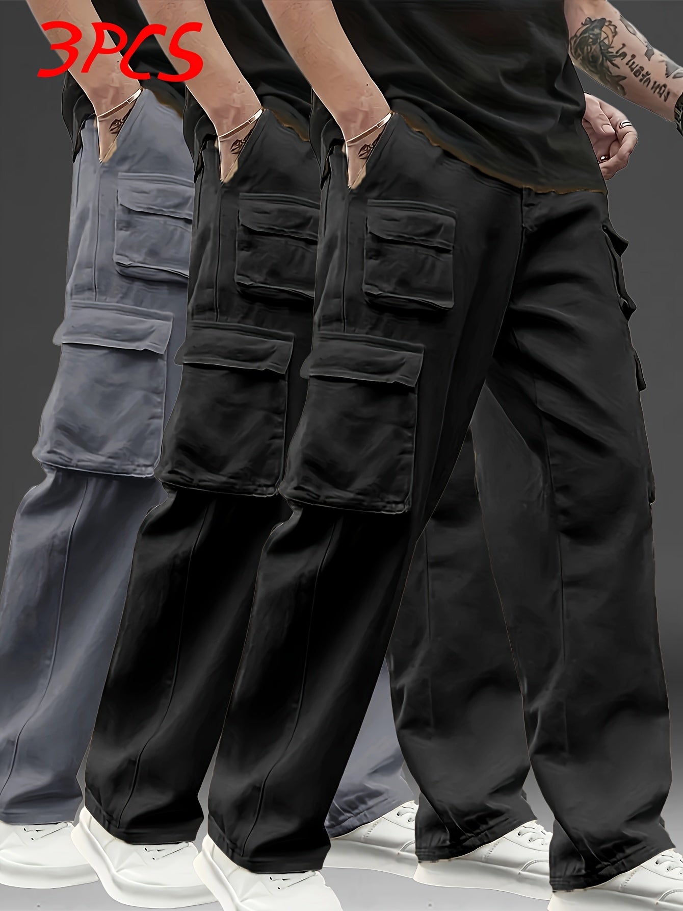 3pcs Pantalons Cargo Homme – Multipoches, Loose Fit, Durable, Casual & Outdoor