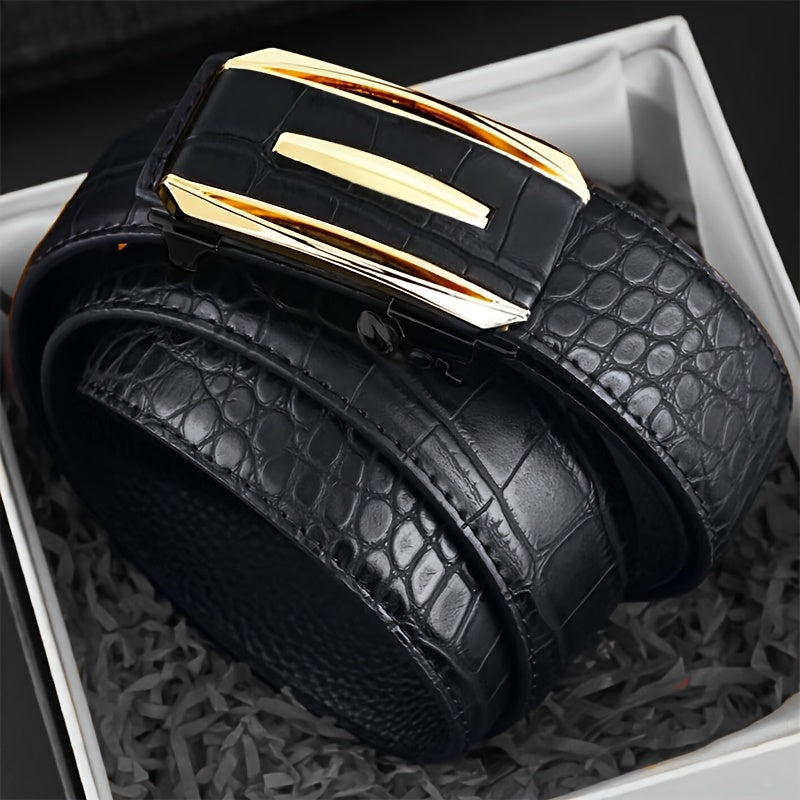 Ceinture Homme à Boucle Automatique en Cuir Synthétique – Motif Crocodile, Marron et Noir, Boucle en Alliage Doré, Style Élégant Décontracté et Professionnel, Parfaite pour Pantalons Habillés, Accessoire Formelle, Design Sophistiqué, Construction Durable