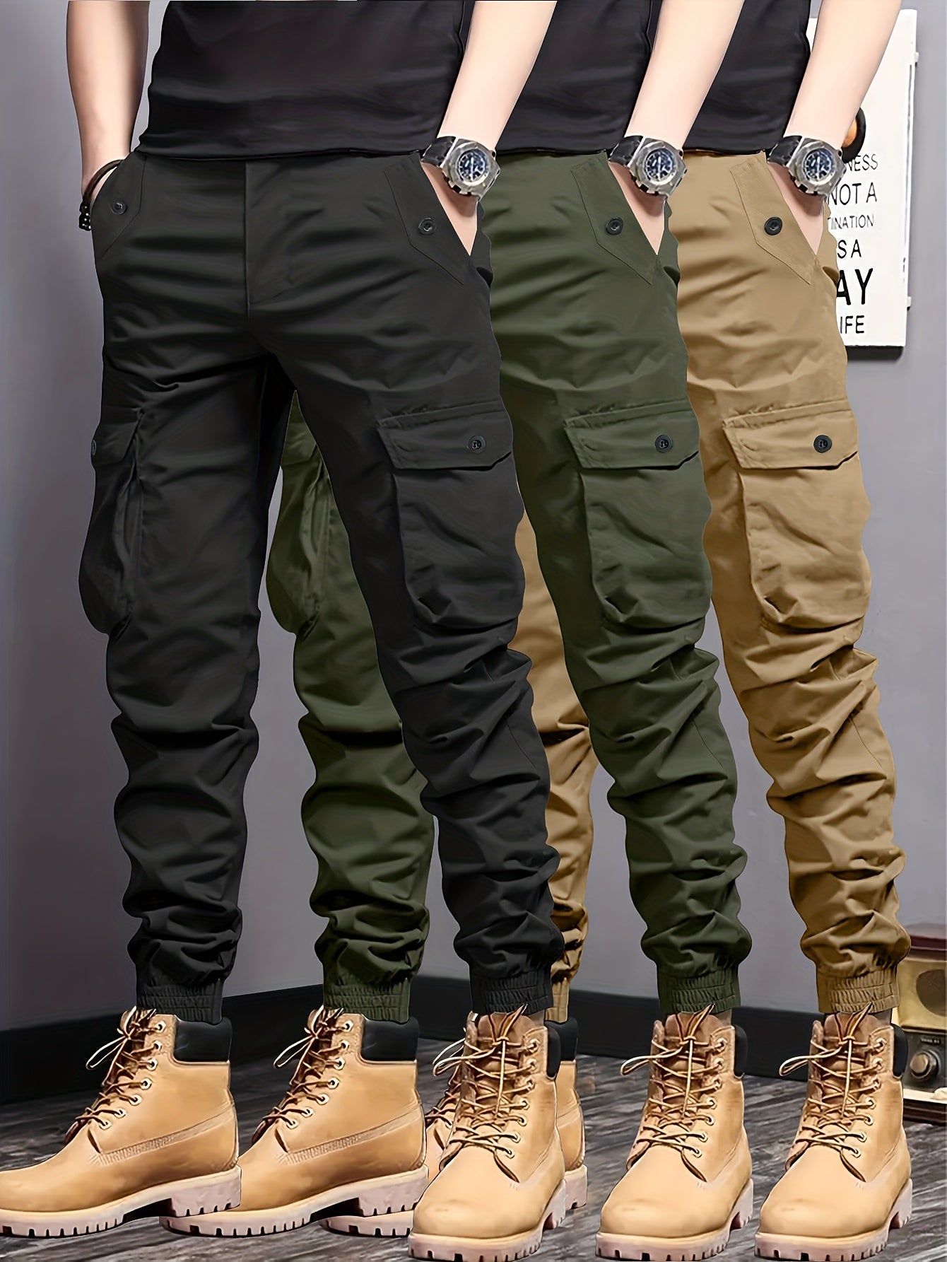 3pcs Pantalons Cargo Homme – Multipoches, Cordon Élastique, Tissu Résistant, Outdoor & Casual