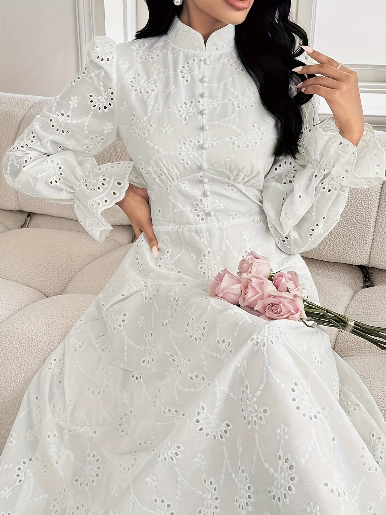 Women'S French Embroidered Stand Collar Puff Sleeve Dress Featuring a Ruffled Design, Suitable for Dates, Vacations, Parties, And Everyday Commuting.