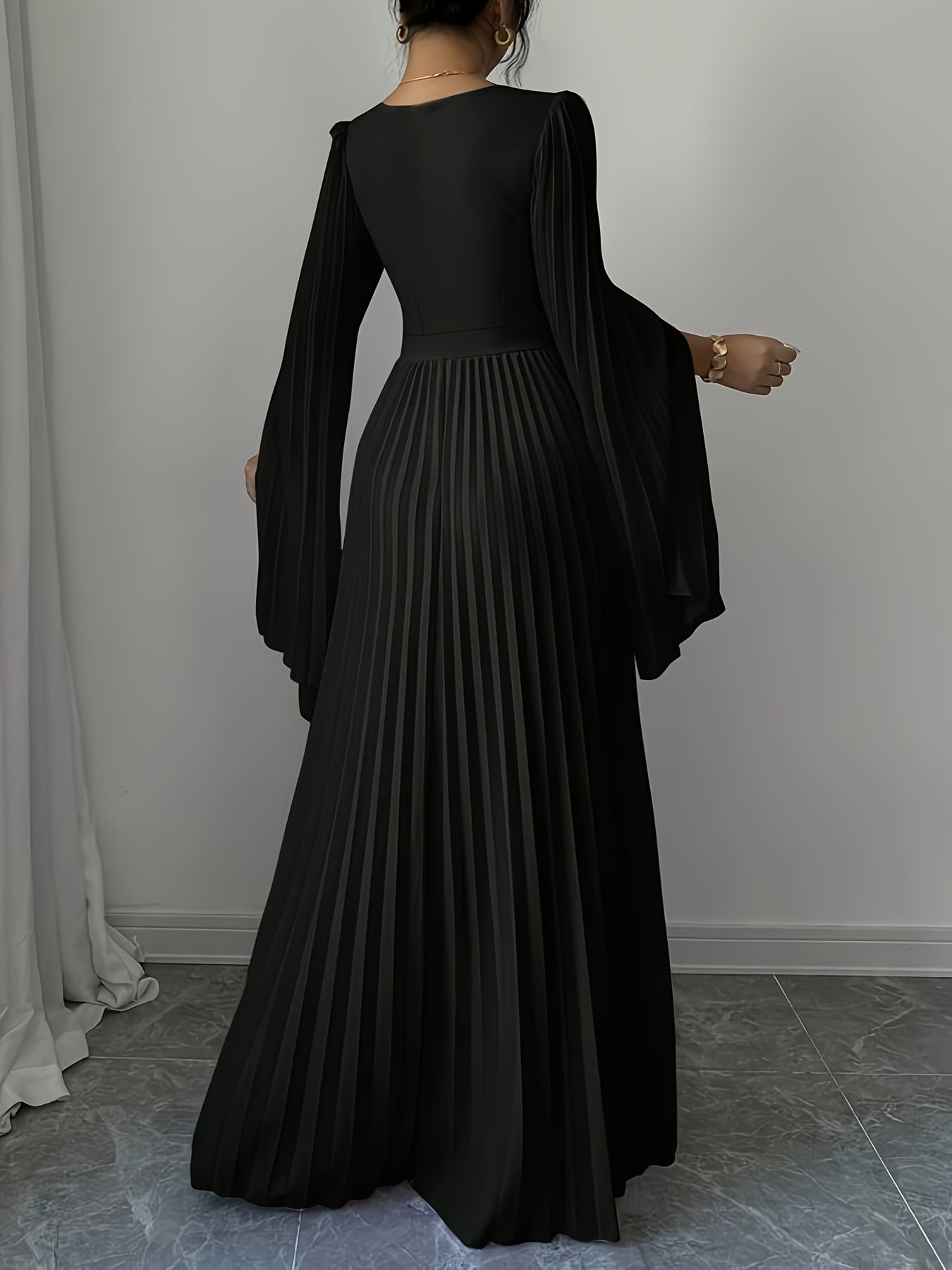 Women's Elegant V-Neck Pleated Open Sleeve Maxi Dress - Fitted Solid Color Machine Washable Spring/Summer Casual & Formal Outfit, Spring Fashion, Quality Craftsmanship