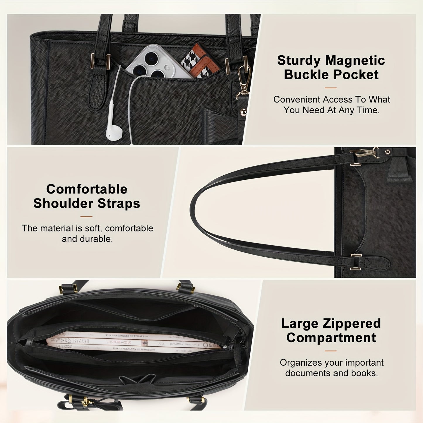 Sac ordinateur femme – grand cabas élégant à nœud, format A4, idéal pour le travail, les entretiens d’embauche et les trajets quotidiens