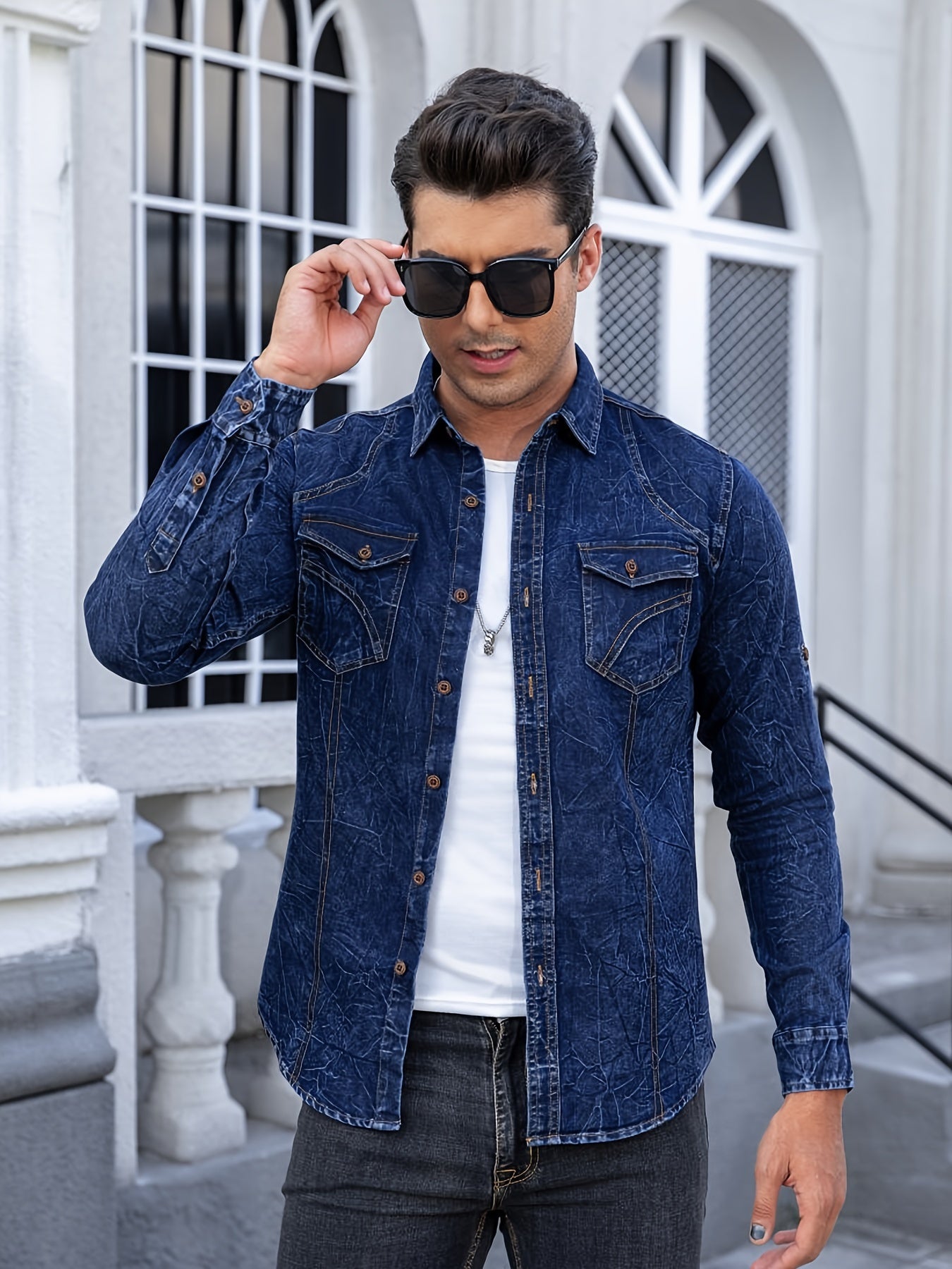 Gengyuan'S Features a Trendy Deep Blue Tie-Dye Denim Shirt for Men.