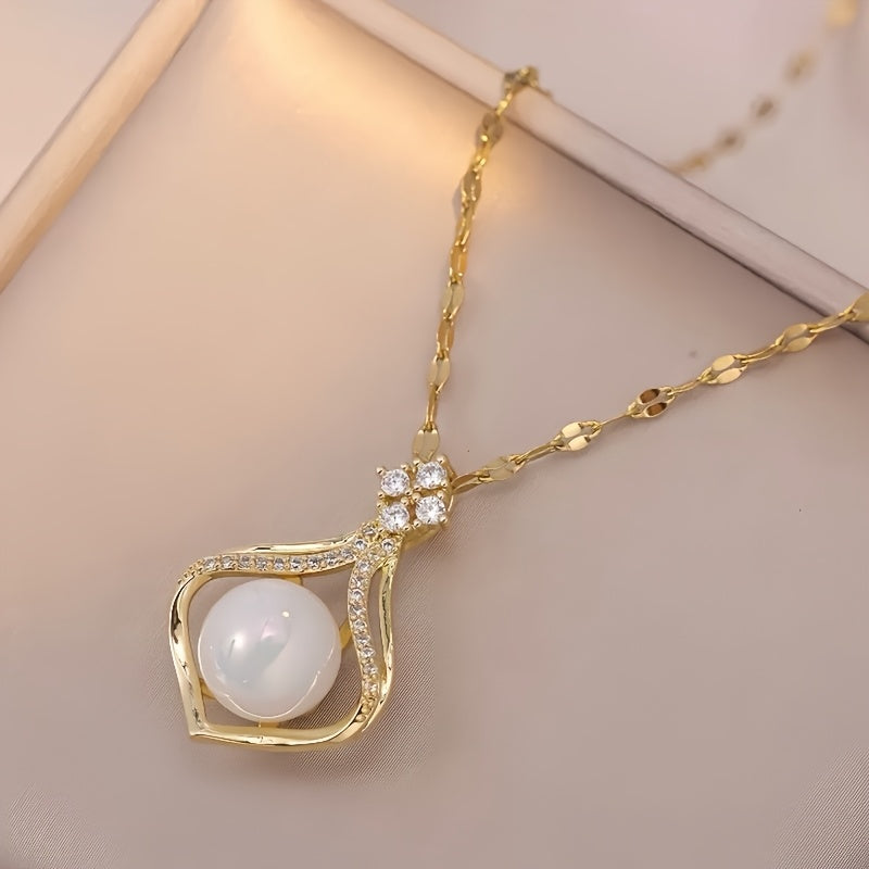 Collier Élégant Femme – Pendentif en Acier Inoxydable Plaqué Or 18K avec Perle Imitation, Hypoallergénique, Design Simple et Luxueux, Idéal Quotidien, Soirées et Cadeau, Accessoire Minimaliste Polyvalent