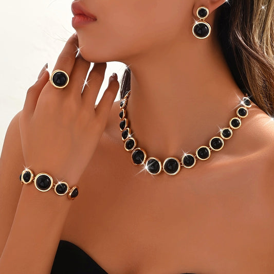 Ensemble rétro 4 pièces pour femme : collier, bracelet, boucles d’oreilles et bague, design géométrique circulaire, pièces incrustées en acrylique noir de tailles grande, moyenne et petite, élégant et stable, parfait pour porter en coordination