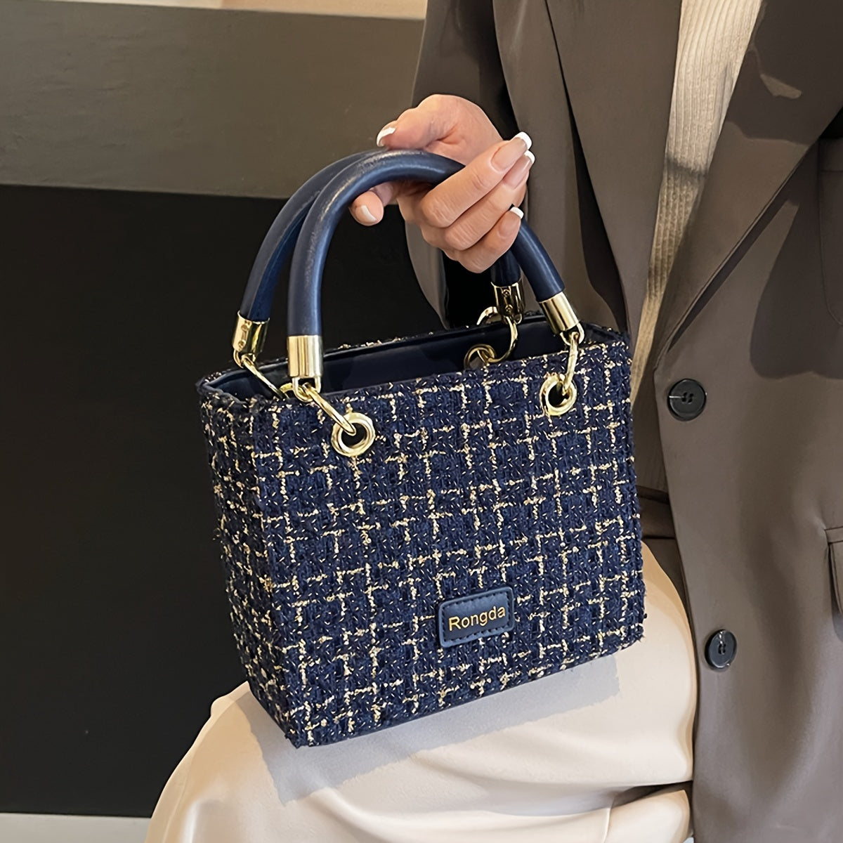 Sac élégant en tweed – bandoulière et poignée, polyvalent