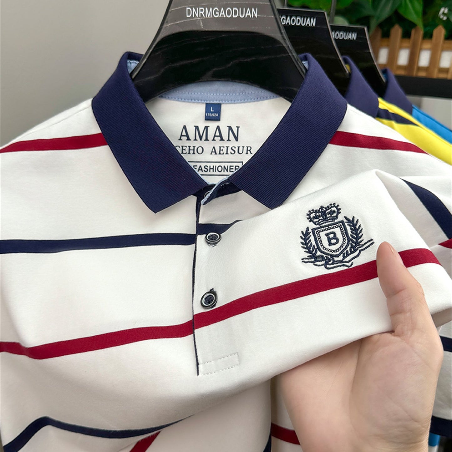 CRRTMARO Men's Short Sleeve Shirt - Summer Striped Embroidered Logo, Vibrant Yellow & Navy, Breathable Regular Fit Casual Button-Up for Office & Leisure