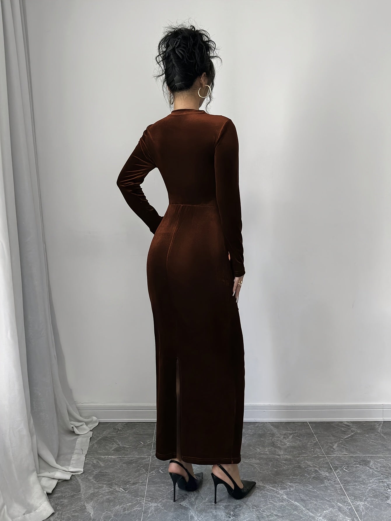 Women's Elegant Asymmetric Long Maxi Dress with Stand Collar & back slit - Solid Color Fitted Gown, Machine Washable Wedding Guest Gown, Prom Dress, for all-Season Wear - Formal Evening Dress