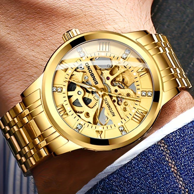 Stylish Men'S Fashion Casual Hollow Out Movement Mechanical Watch Waterproof Luminous Automatic Mechanical Watch, Without Battery