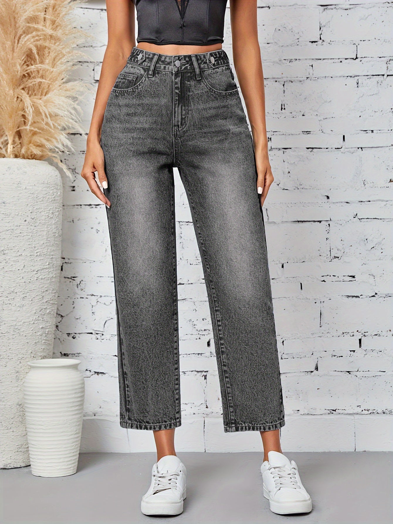 Jeans Femme Jambe Droite Décontracté Extensible Taille Mi-Haute Boutons Bleu Clair Effet Usé Toute Saison Confortable