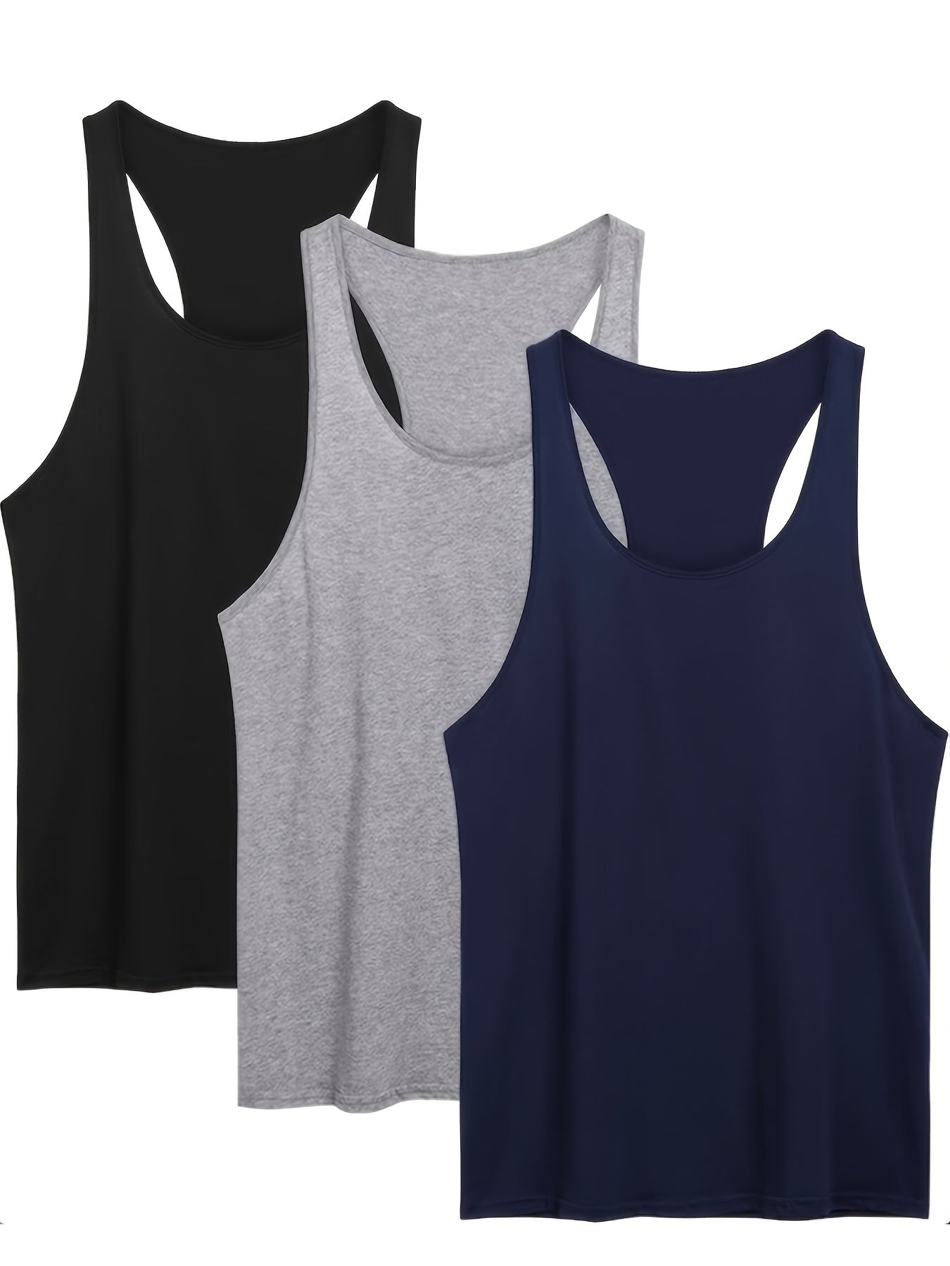 Lot de 3 Débardeurs Sport Homme Grande Taille – Polyester Respirant, Col Rond, Sans Manches, Bleu Marine, Gris Clair, Noir, Printemps/Été
