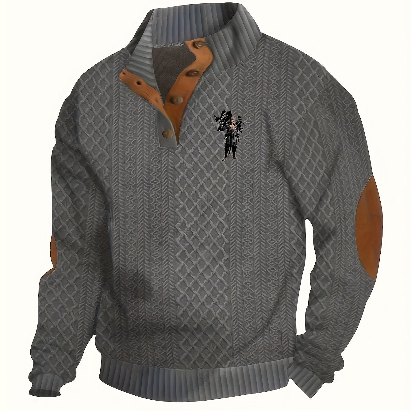 Men's Thermal Fleece-Lined Winter Sweater - Stand Collar Long Sleeve Cable-Knit Pullover with Button Detail, Solid Color Casual Outdoor Wear, Machine Washable, Knit Sweater, Stylish Knitwear, Jacquard Pattern