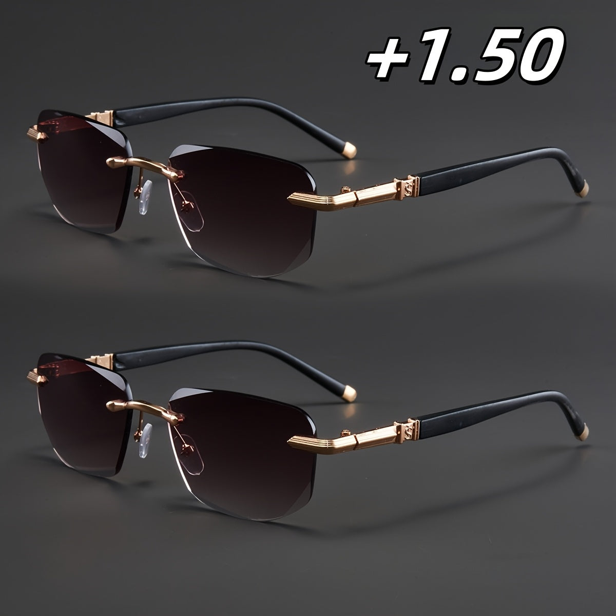 Two Pairs, Bundled Set, Stylish, Men'S, Exquisite, Luxurious, Rimless, Beveled Edge, Reading Glasses, Metal Frame, Options: 100, 150, 200, 250, 300, 350, And 400 Degrees, Without Battery, Christmas Gifts