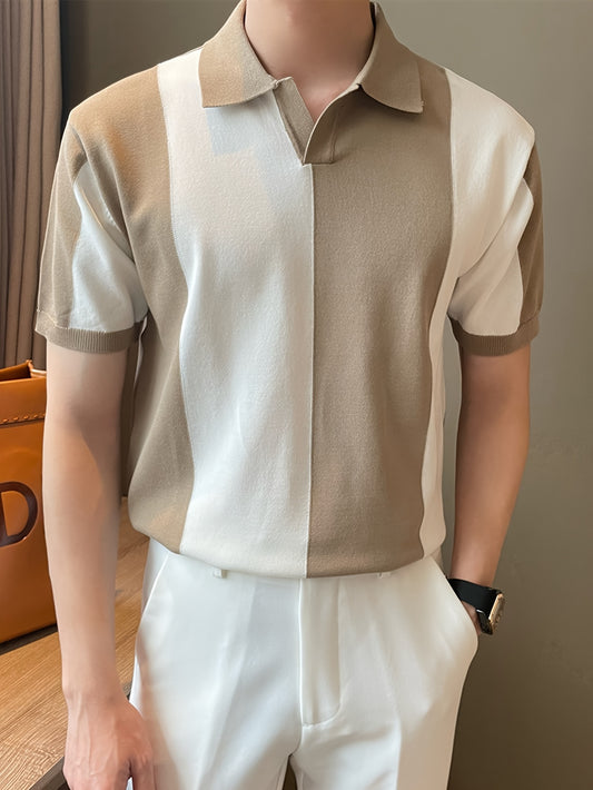 Men'S Casual Short-Sleeve Striped Color-Blocked Knit Polo, a Stylish And Sporty Top Suitable for Summer Golf And Business Attire.