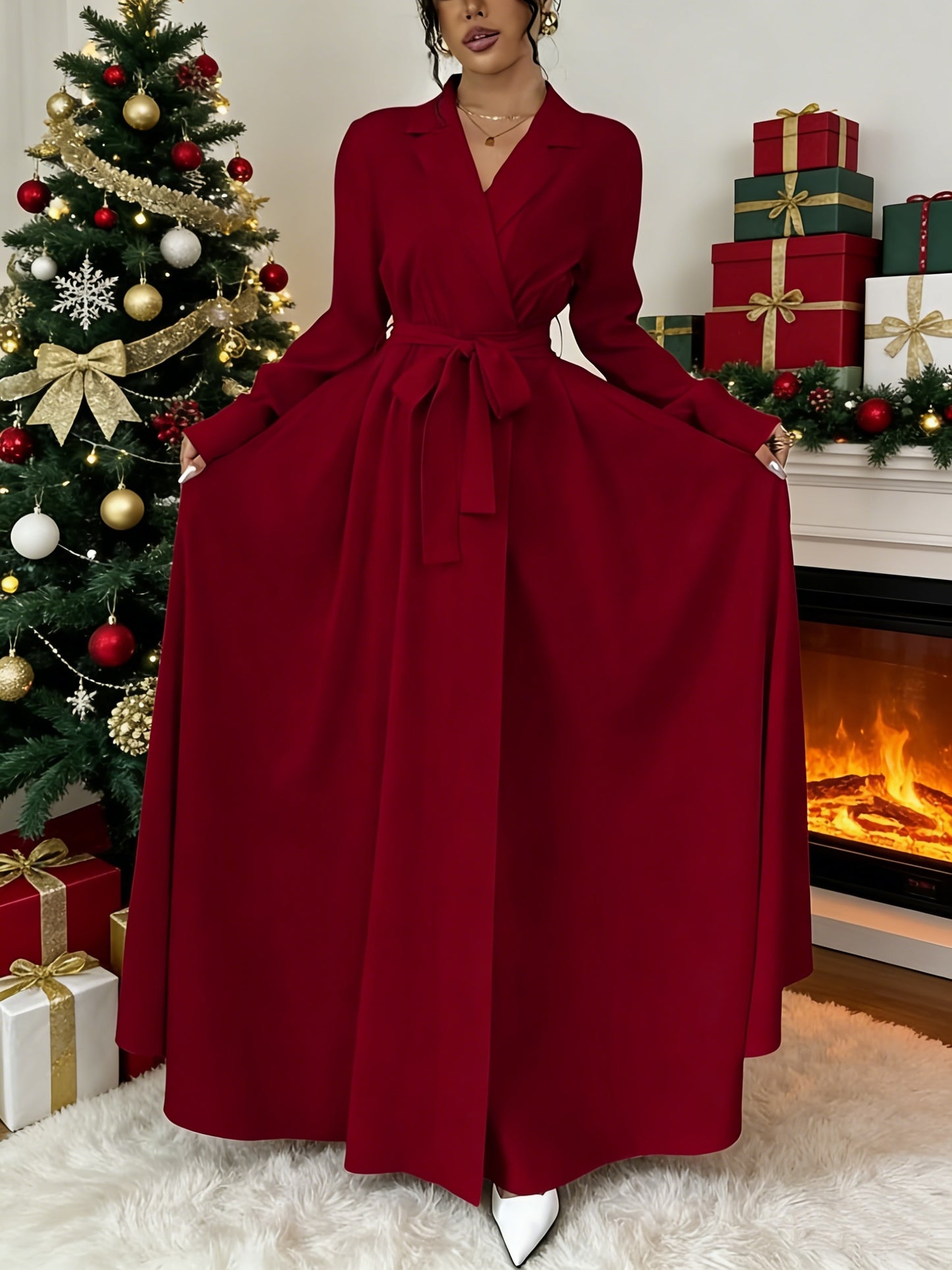 Women's Elegant A-Line Maxi Dress with Collar & Lace-Up Waist - Solid Color Formal Wedding Party Dress, Long Sleeve Flowing Flared, Machine Washable (Elegant Special Line Collection)