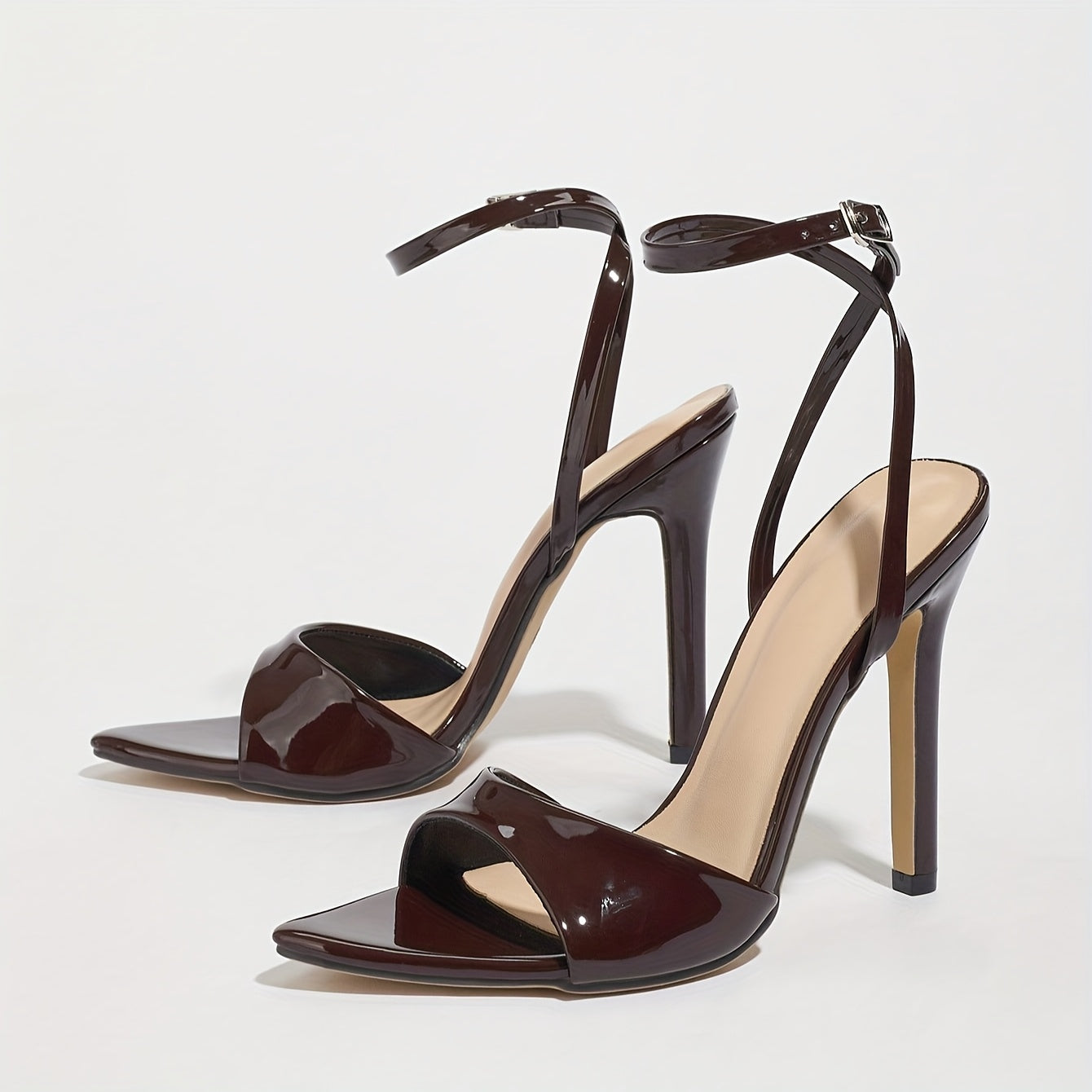 Sandales Élégantes à Talons Aiguilles pour Femme – Bout Pointu, Bride à la Cheville Ajustable, Tige Synthétique Brillante Café, Talons Ultra-Hauts, Parfaites pour Soirées, Sorties et Événements Formels – Chaussures de Fête Sophistiquées