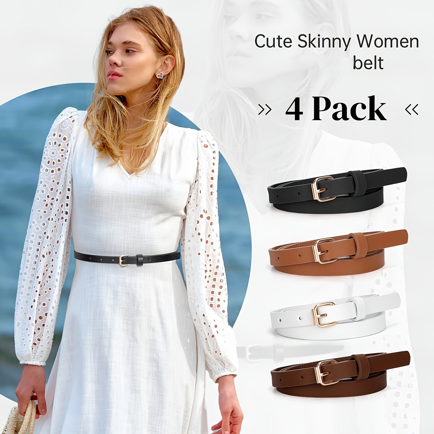 Lot de 4 ceintures brillantes pour femmes – Adaptées pour jeans et robes, design fin avec boucle, boucle dorée