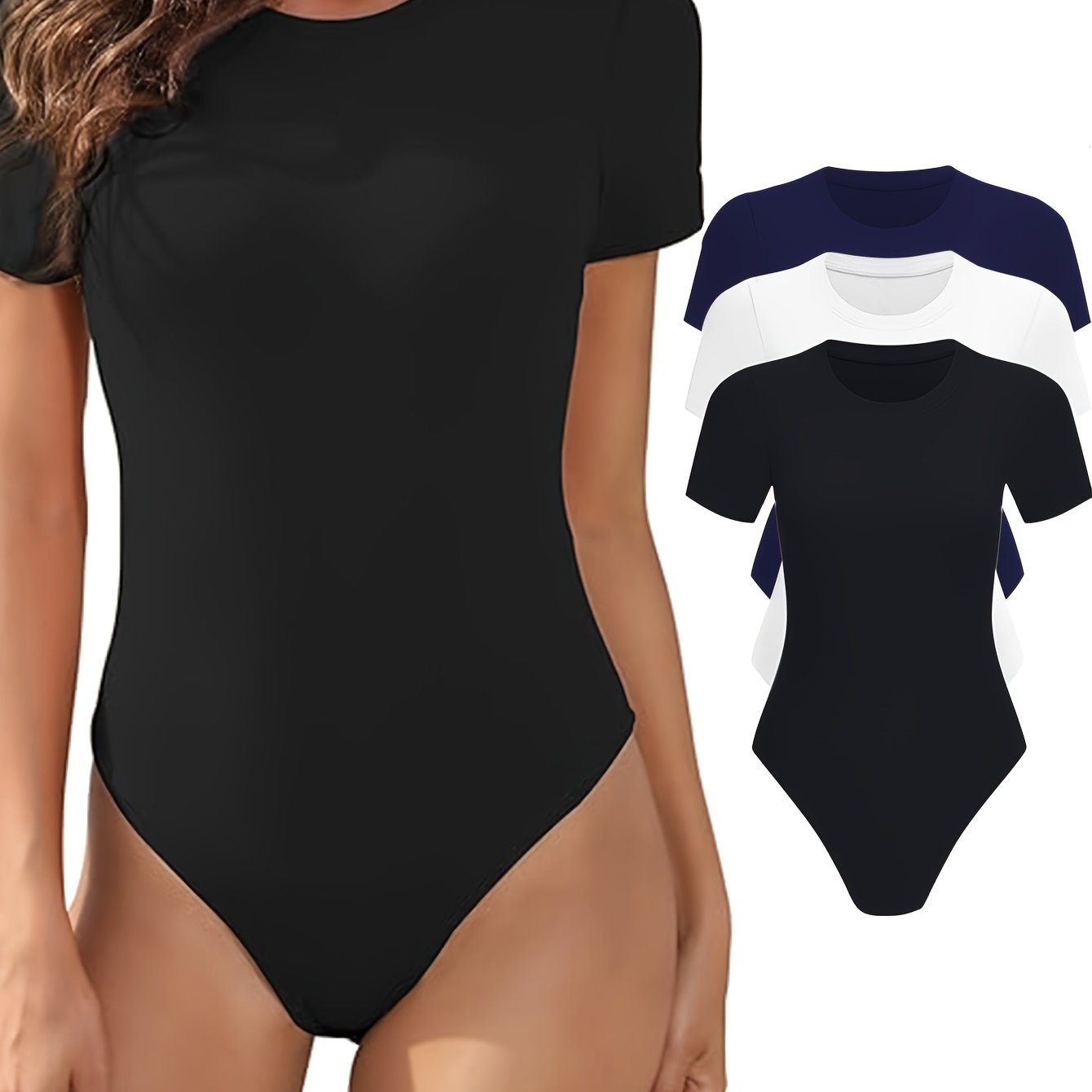 Lot de 3 bodys femme – manches courtes, col rond, coupe ajustée, basiques confortables