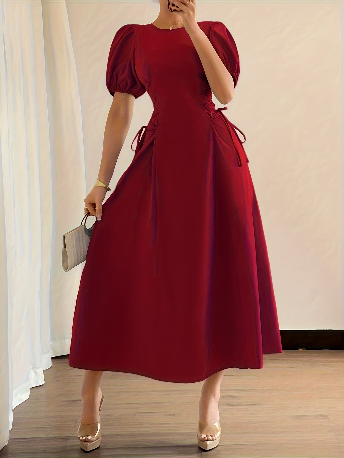 Solid Color Long Dress with Puff Sleeves, Ruffles, and Tie, Suitable for Vacation, Banquet, Party, Formal Wear, and Elegant Dress