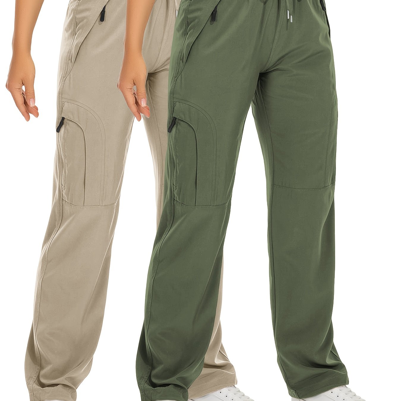 Lot de 2 Pantalons Cargo Femme – Poches Zippées, Tissu Respirant et Séchant Rapidement, Extensible, Automne, Noir et Blanc