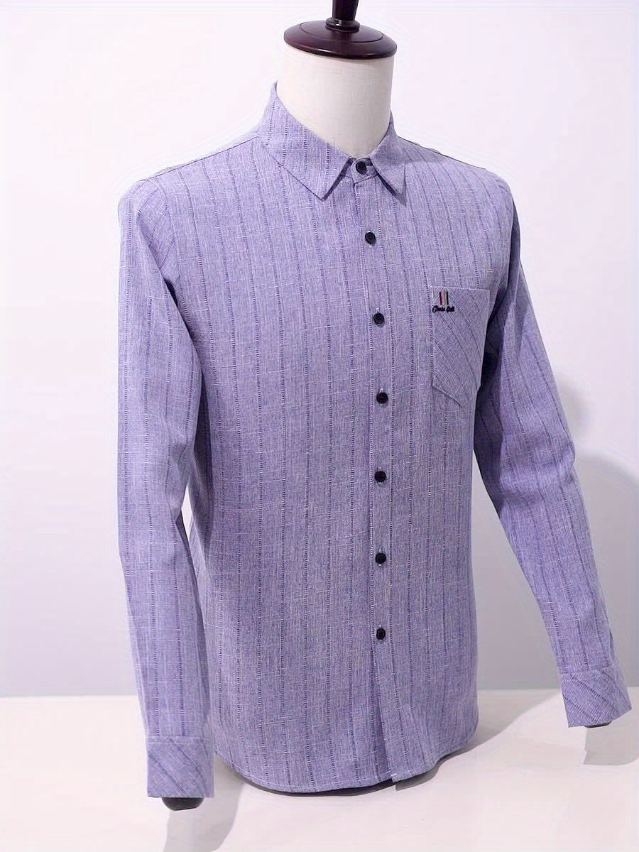 Men'S Striped Shirt with a Chest Pocket, Casual Long-Sleeve Shirt with a Collar.