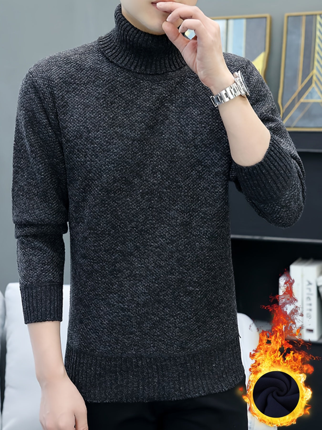 Men'S High-Neck Thickened Fleece Sweater for Autumn And Winter, Casual Pullover Knit Top.
