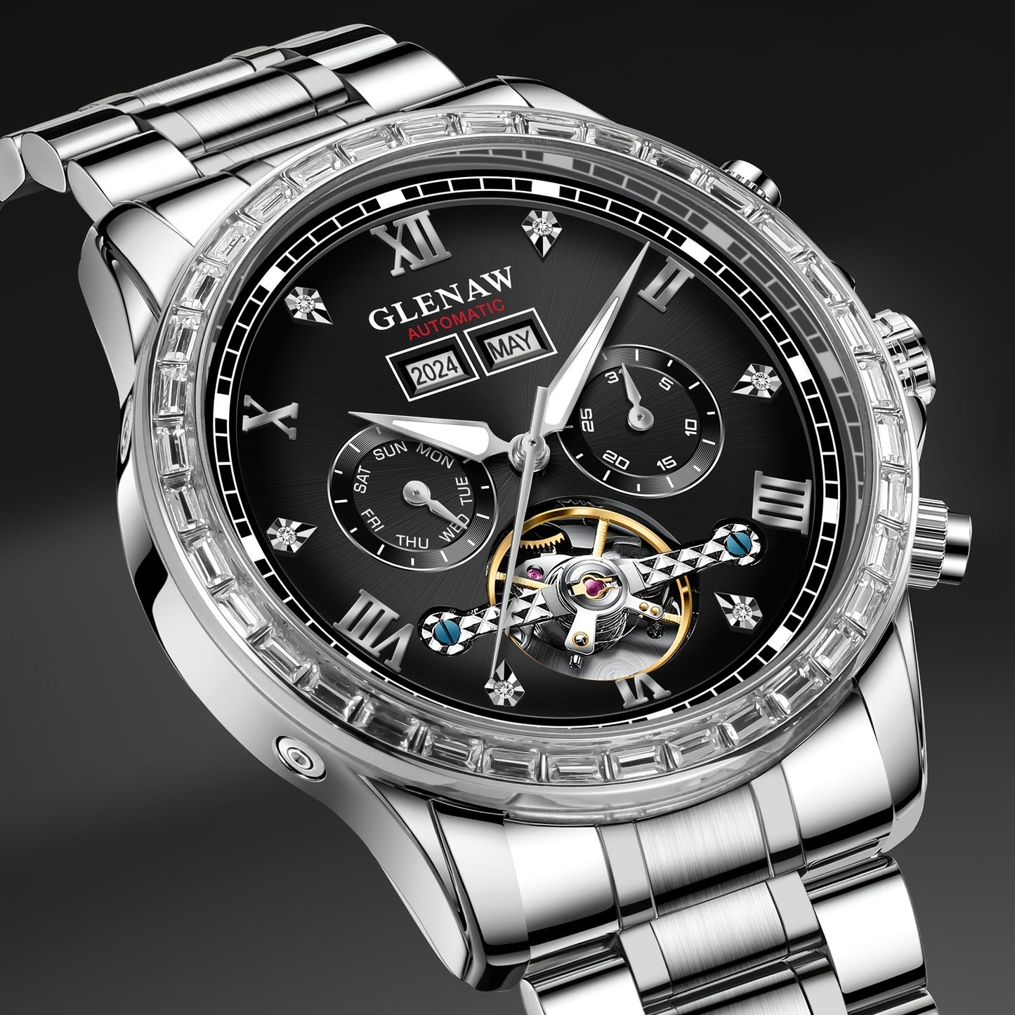 Men'S Automatic Mechanical Watch - Stainless Steel Band, Date Display, Perpetual Calendar, Rose Golden Hands, Zinc Alloy Case, Elegant Design for Everyday & Formal Wear, Formal Timepiece, Luxury Timepiece, Sophisticate