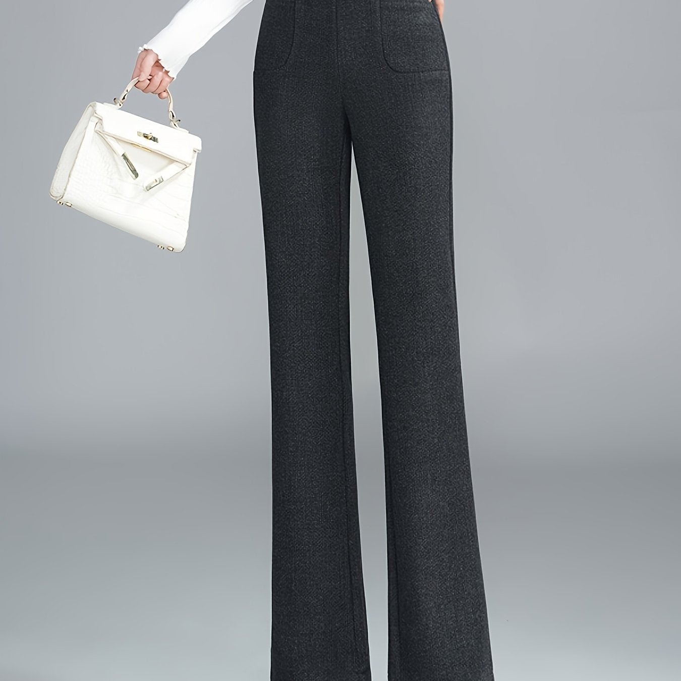 Pantalon Femme en Tweed Laine-Mélange – Jambe Droite, Taille Élastique avec Boutons, Marron Foncé, Automne/Hiver, Élégant et Décontracté