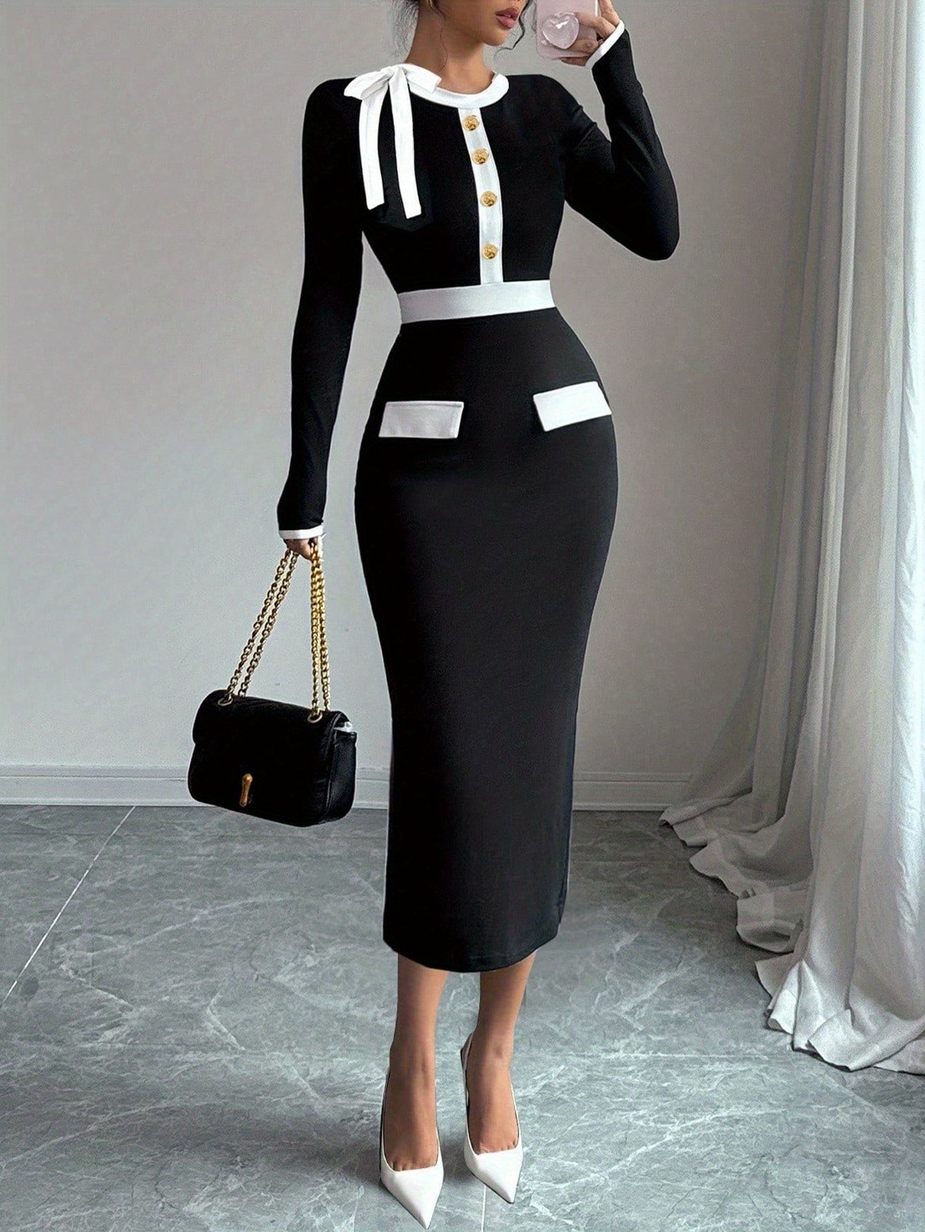 Elegant Color Block Long Sleeve Crew Neck Dress with Shoulder Bowknot | Bodycon Fit, Perfect for Daily Commute and Casual Wear