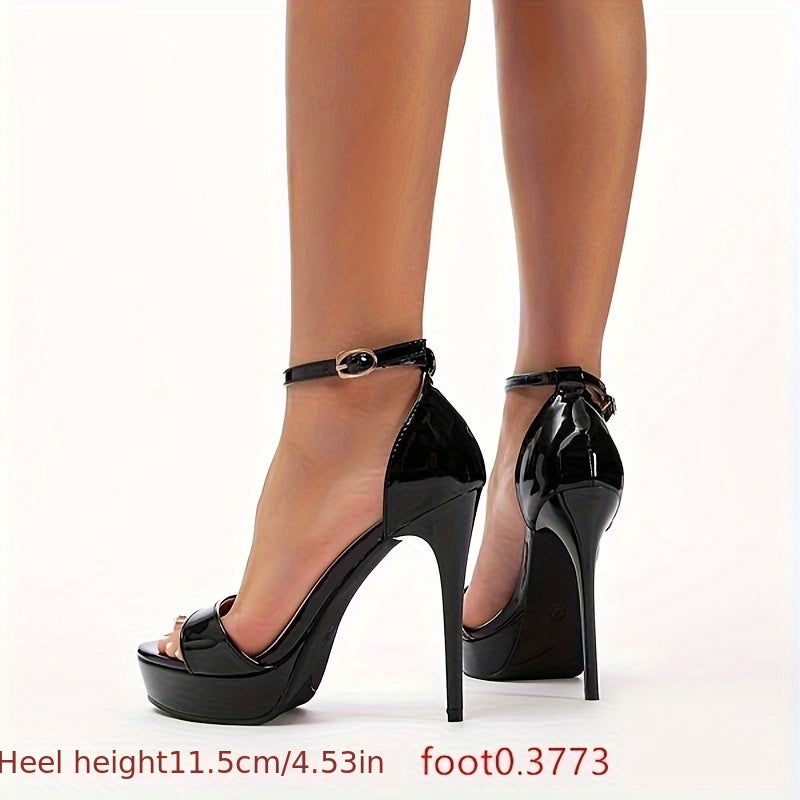 Sandales Femme Sexy à Talons Aiguilles – Bout Ouvert, Dessus Simili Noir, Bride Cheville, Talons Hauts à Plateforme, Idéales pour un Look Élégant et Stylé en Soirée