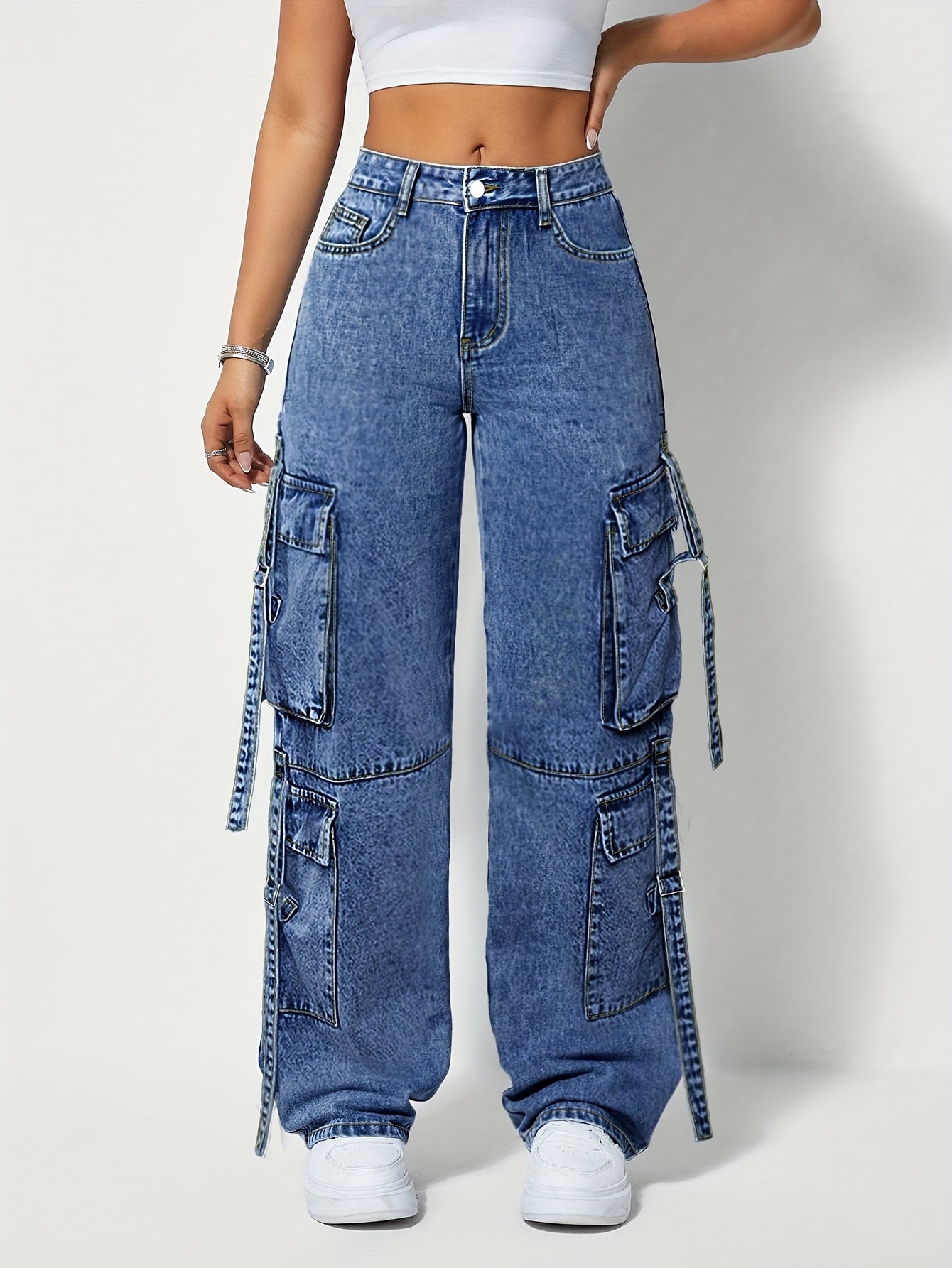 Jeans de travail extensibles taille haute pour femme grande taille – Pantalon cargo large, passants pour ceinture, poches multiples, fermeture à boutons, bleu résistant