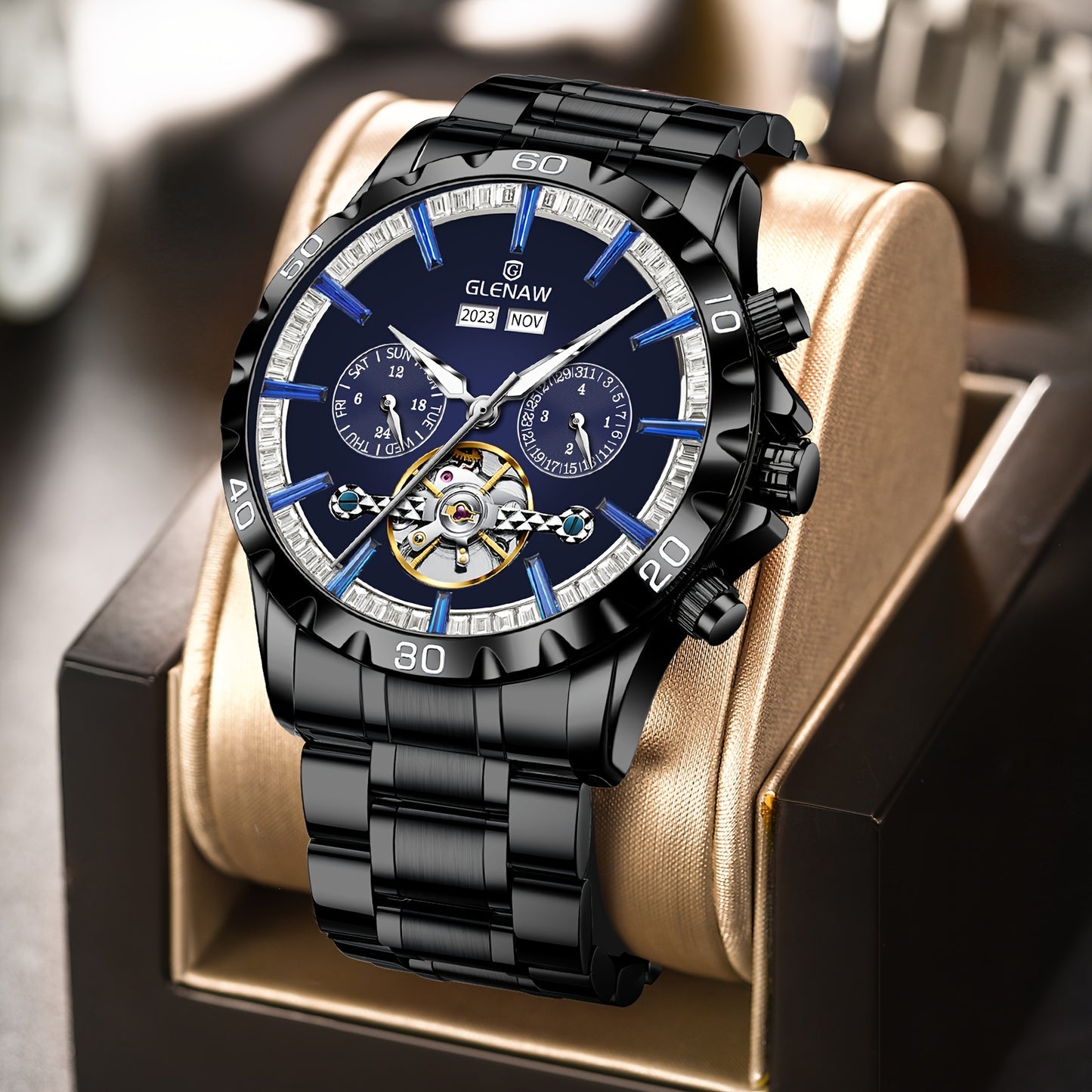 GLENAW Men's Automatic Mechanical Watch - Luxury Blue Dial with Golden accents, Date Display, Elegant Watch for Formal & Casual Attire - Ideal Gift for Men, Stylish Wristwatch, Sophisticated Timepiece, Highend Craftsmanship
