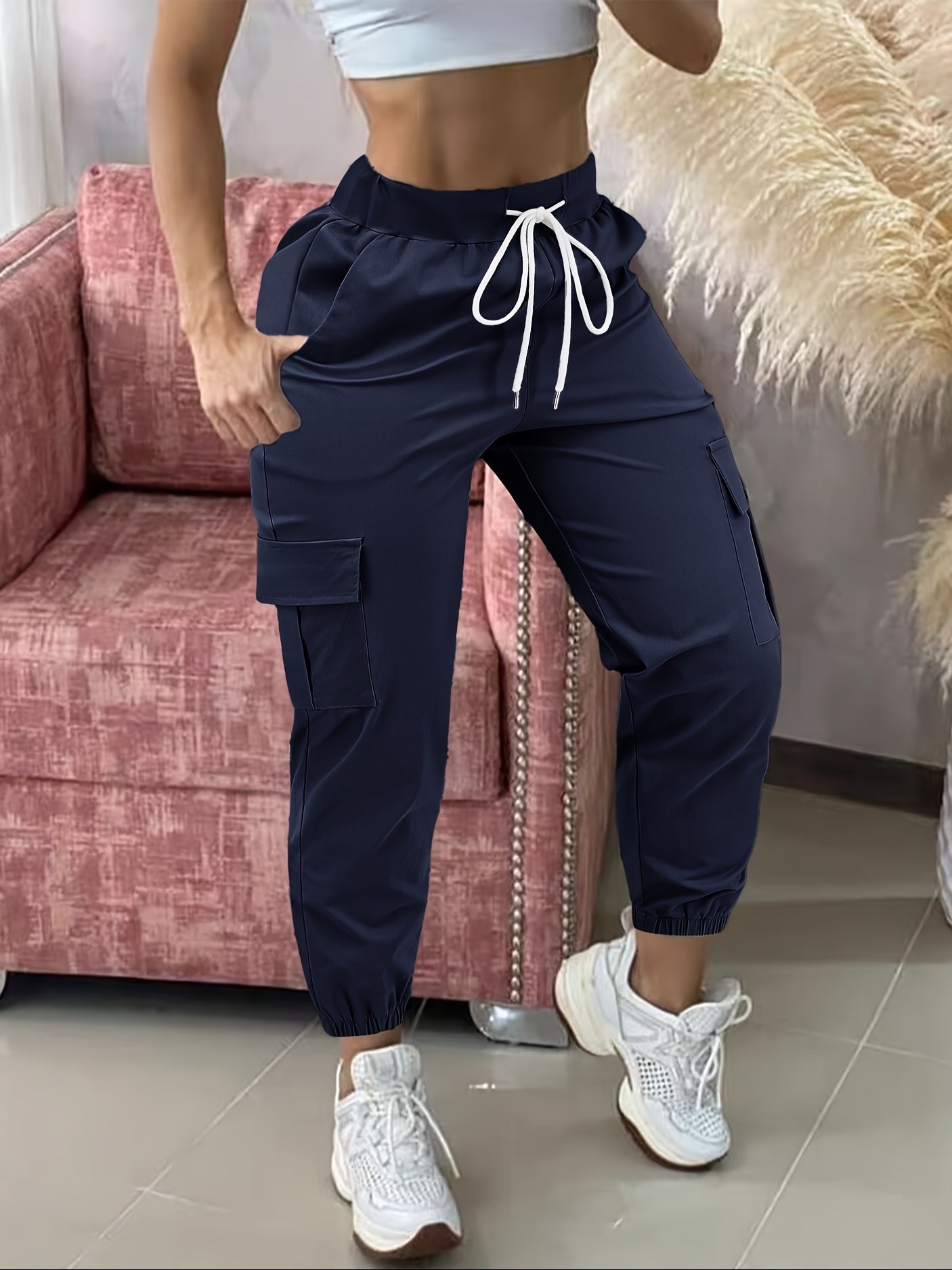 Pantalon Cargo Femme Décontracté – Beige, Taille à Cordon, Multiples Poches, Ourlet Effiloché, Tous Saisons