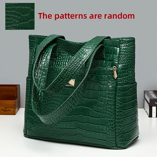 Sac fourre-tout grande capacité pour femmes – PU élégant à motif crocodile, couleur unie, fermeture éclair sécurisée, plusieurs poches, bandoulière fixe. Idéal travail et sorties