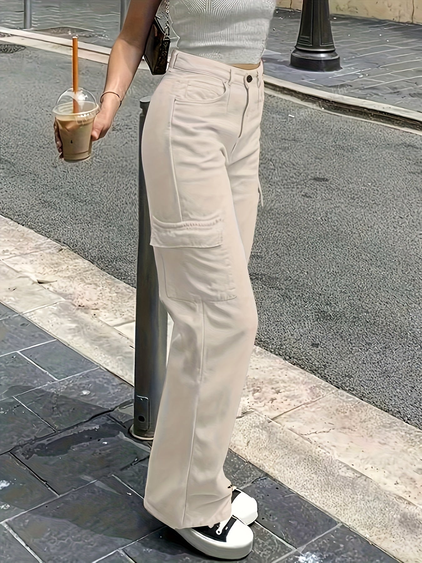 Pantalon Cargo Femme Taille Haute – Jambe Large avec Boutons, Tous Saisons