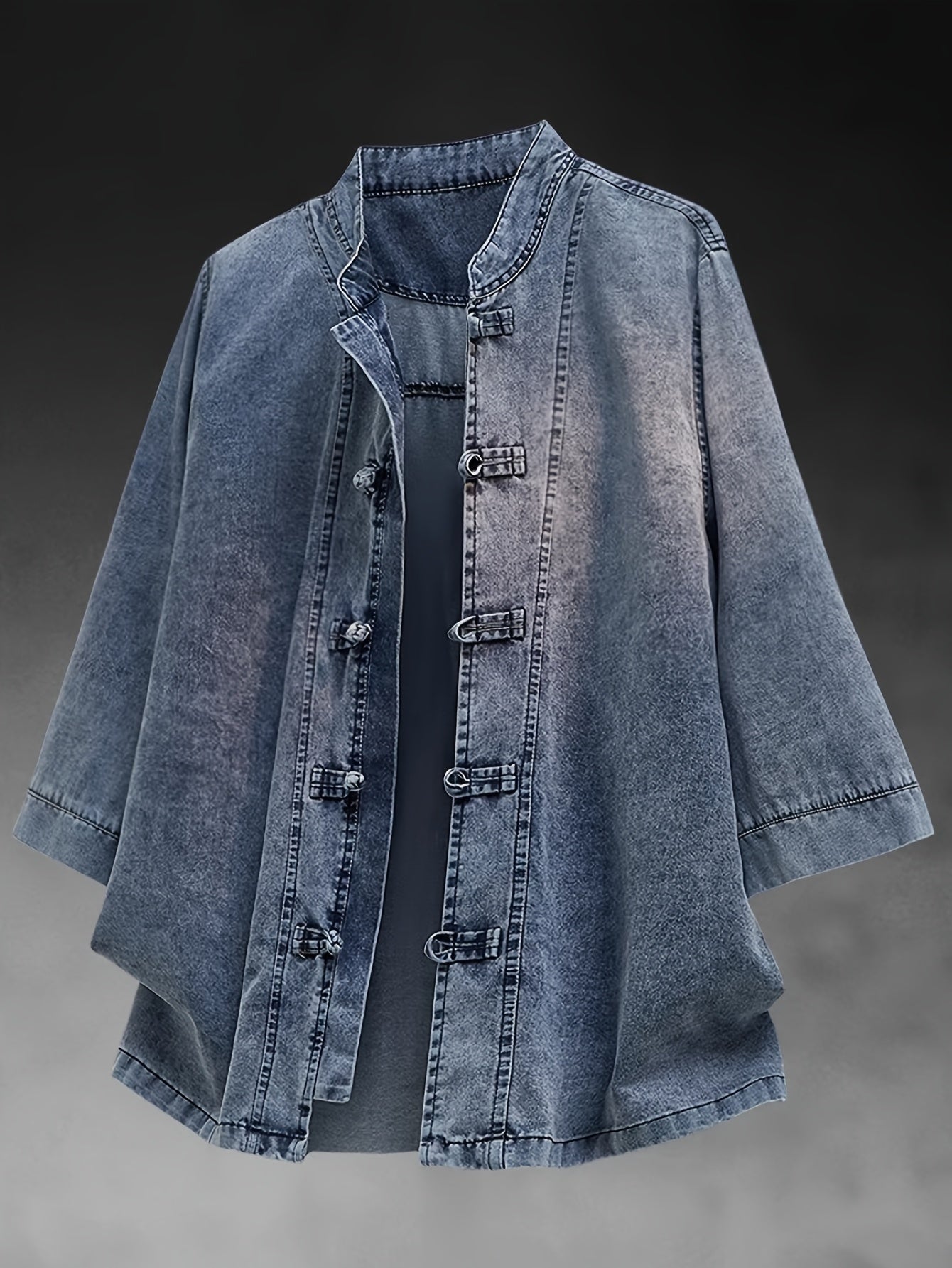 Xingmengzhi OBM Men's Denim Shirt, Loose-Fit Seven-Quarter Sleeve New Chinese Style Button-Up Top, Slim Stand Collar Denim Cardigan Lightweight Jacket