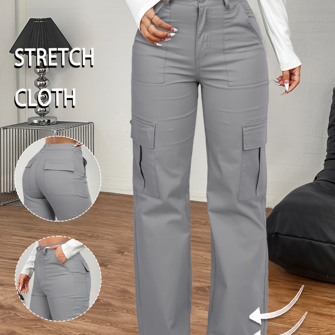 Jeans Cargo Femme – Taille Haute, Beige, Poches Multiples, Jambe Droite, Style Streetwear Hip-Hop