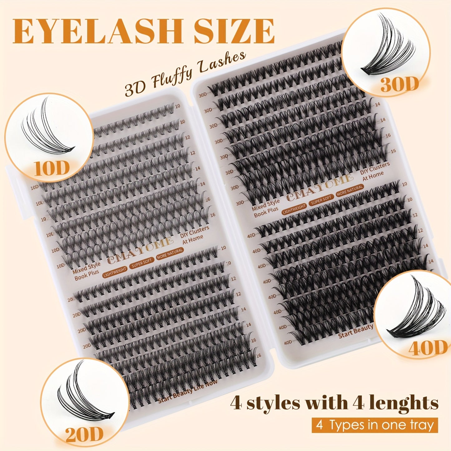 Kit Extensions de Cils — Longueurs Mixtes 10-16 mm, Paquets 10D/20D/30D/40D, Styles Cat Eye, Cosplay, Volume Russe, Naturel, Épais et Dramatique, Inclus Colle et Scellant, Pinces, Débutants, Curl D, Haute Pigmentation
